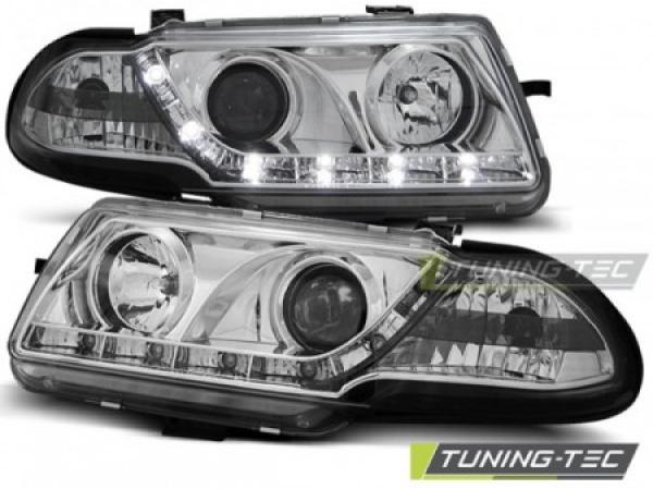 Scheinwerfer LED Tagfahrlicht Optik passend für Opel Astra F Bj. 94-98 Chrom