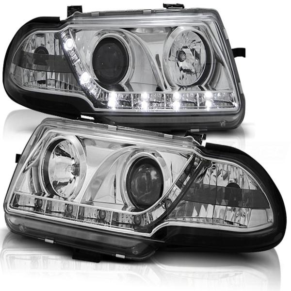 Scheinwerfer LED Tagfahrlicht Optik passend für Opel Astra F Bj. 94-98 Chrom