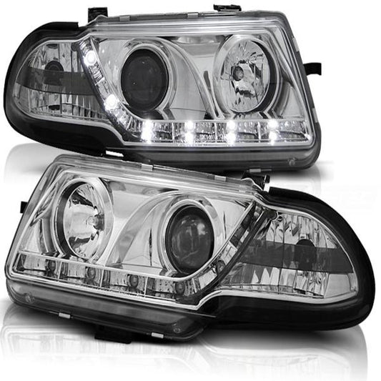 Scheinwerfer LED Tagfahrlicht Optik passend für Opel Astra F Bj. 94-98 Chrom