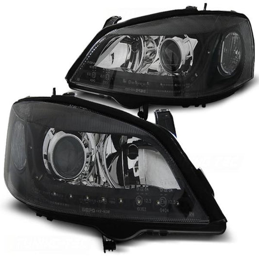 Scheinwerfer LED Tagfahrlicht Optik passend für Opel Astra G Bj. 98-05 Schwarz
