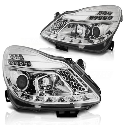 Scheinwerfer LED Tagfahrlicht Optik passend für Opel Corsa D 06-11 Chrom mit LED Blinker