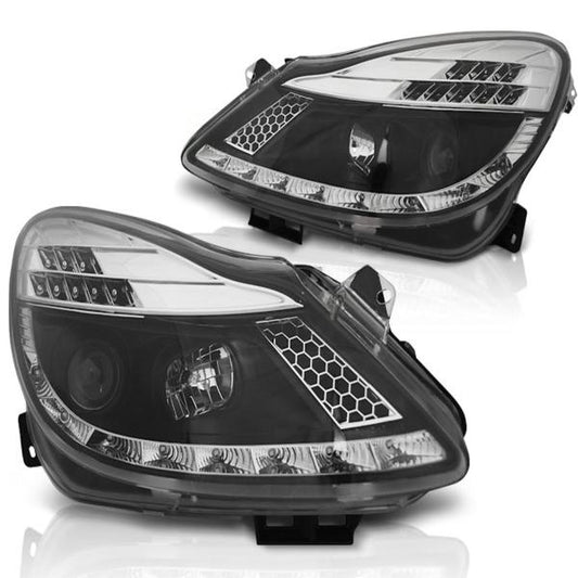Scheinwerfer LED Tagfahrlicht Optik passend für Opel Corsa D 06- Schwarz mit LED Blinker