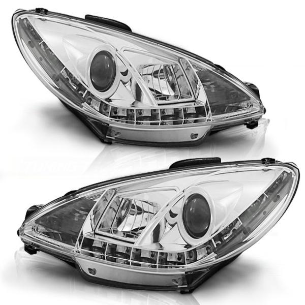 Scheinwerfer LED Tagfahrlicht Optik passend für Peugeot 206 Bj. 98-06 Chrom