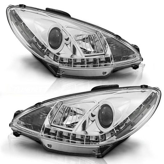 Scheinwerfer LED Tagfahrlicht Optik passend für Peugeot 206 Bj. 98-06 Chrom