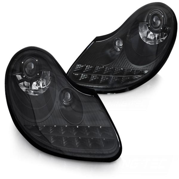 Scheinwerfer LED Tagfahrlicht Optik passend für Porsche Boxster 986 911 996 Schwarz Matt