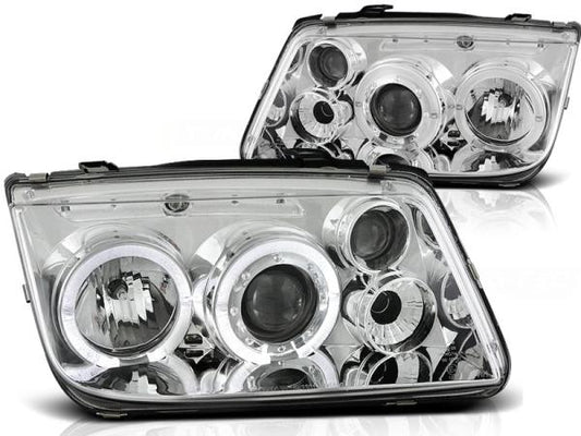 LED Angel Eyes Scheinwerfer passend für VW Bora 98-05 chrom