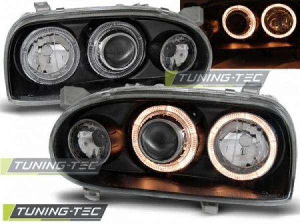 Scheinwerfer Angel Eyes passend für VW Golf 3 91-97 Schwarz mit Blinker