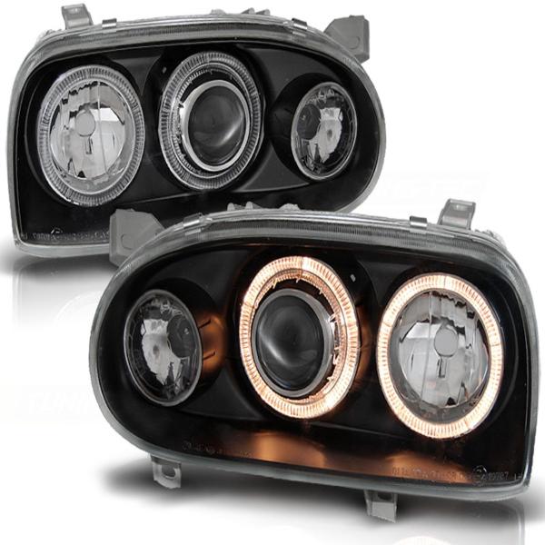 Scheinwerfer Angel Eyes passend für VW Golf 3 91-97 Schwarz mit Blinker