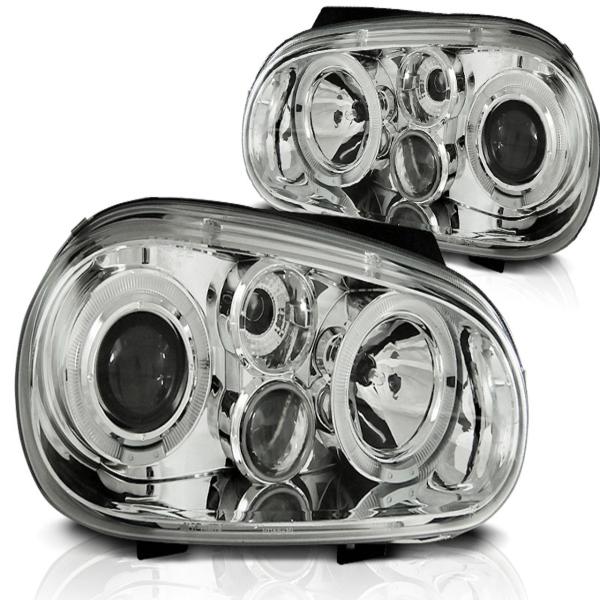 LED Angel Eyes Scheinwerfer passend für VW Golf 4 97-03 mit Nebelscheinwerfern chrom