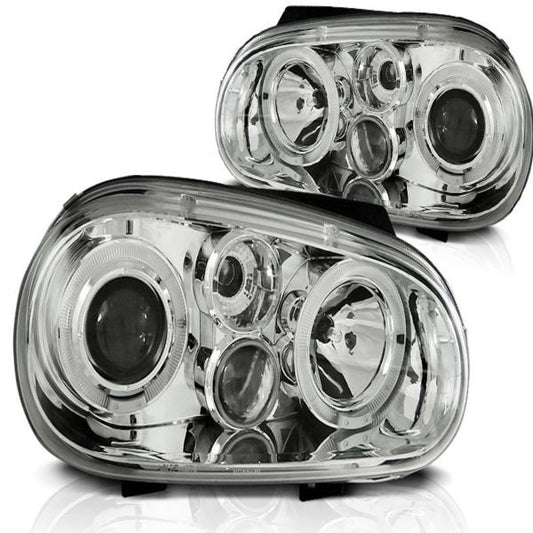 LED Angel Eyes Scheinwerfer passend für VW Golf 4 97-03 mit Nebelscheinwerfern chrom