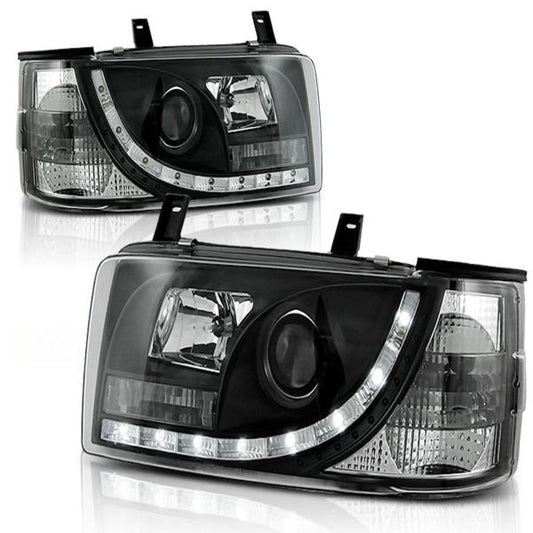 Scheinwerfer LED Tagfahrlicht Optik passend für VW T4 Bus Bj. 90-03 Schwarz