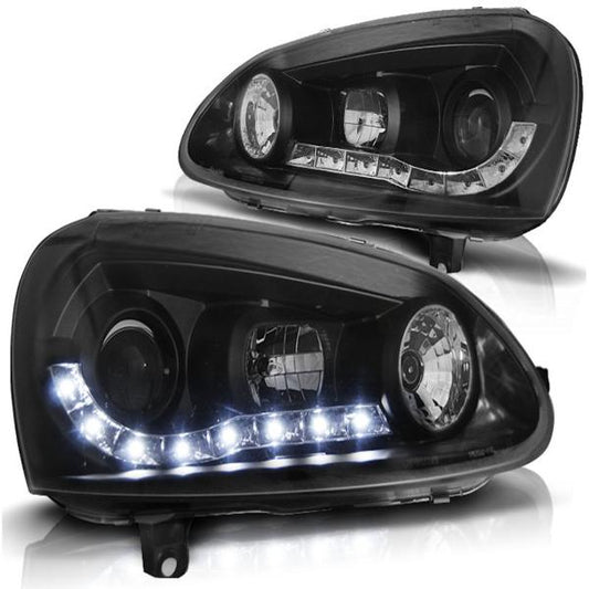 LED Tagfahrlicht Design Scheinwerfer passend für VW Golf 5 03-09 schwarz