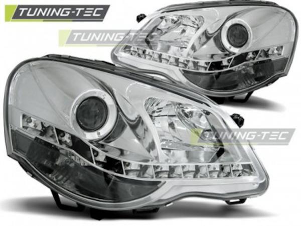 Scheinwerfer LED Tagfahrlicht Optik passend für VW Polo 9N3 Bj. 05-09 Chrom