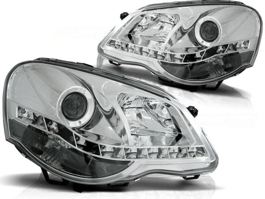 Scheinwerfer LED Tagfahrlicht Optik passend für VW Polo 9N3 Bj. 05-09 Chrom