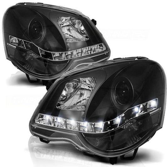 Scheinwerfer LED Tagfahrlicht Optik passend für VW Polo 9N3 Bj. 05-09 Schwarz
