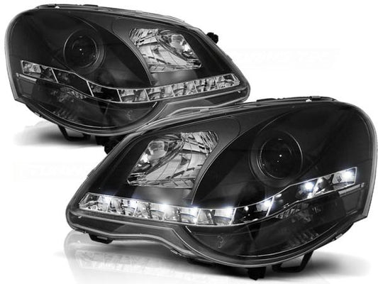 Scheinwerfer LED Tagfahrlicht Optik passend für VW Polo 9N3 Bj. 05-09 Schwarz