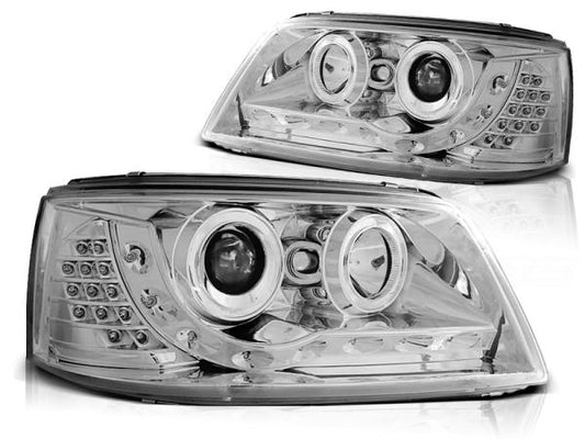 LED Tagfahrlicht Design Scheinwerfer passend für VW T5 03-09 chrom mit LED Blinker