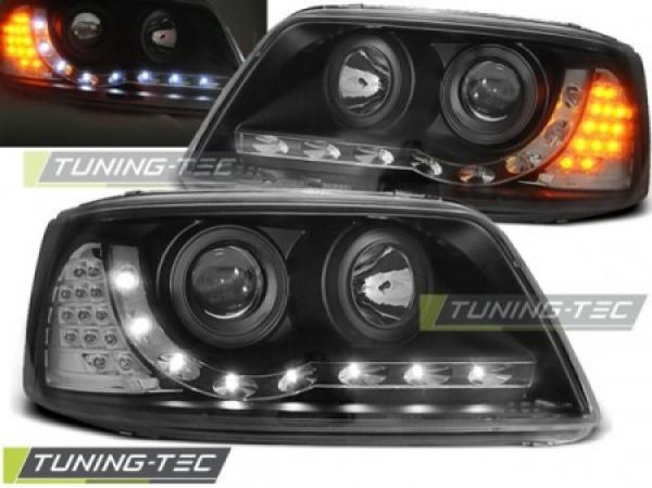 Scheinwerfer LED Tagfahrlicht Optik passend für VW T5 Bj. 03-09 Schwarz mit LED Blinker