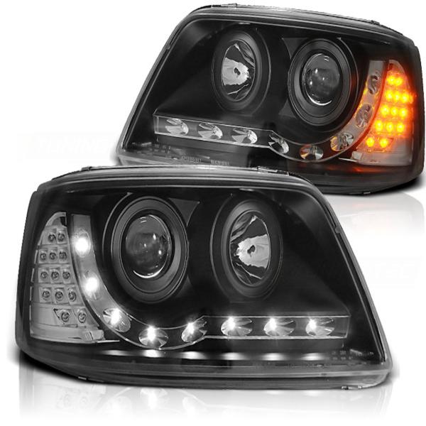 Scheinwerfer LED Tagfahrlicht Optik passend für VW T5 Bj. 03-09 Schwarz mit LED Blinker