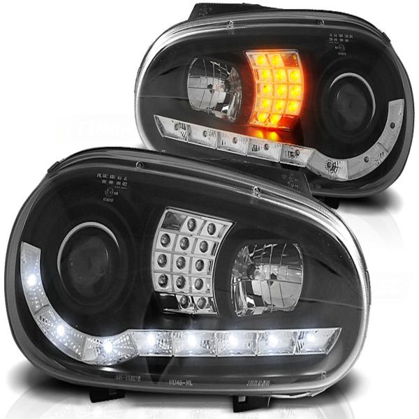 Scheinwerfer LED Tagfahrlicht Optik passend für VW Golf 4 Bj. 97-03 Schwarz mit LED Blinker