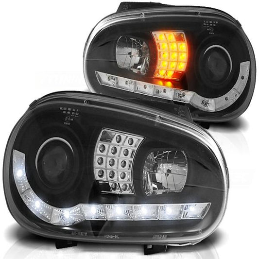 Scheinwerfer LED Tagfahrlicht Optik passend für VW Golf 4 Bj. 97-03 Schwarz mit LED Blinker