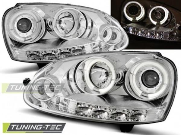 LED Angel Eyes Scheinwerfer passend für VW Golf 5 03-09 chrom