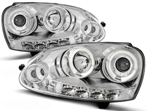 LED Angel Eyes Scheinwerfer passend für VW Golf 5 03-09 chrom