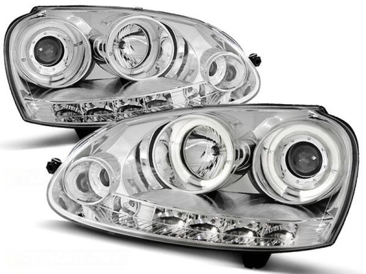 LED Angel Eyes Scheinwerfer passend für VW Golf 5 03-09 chrom