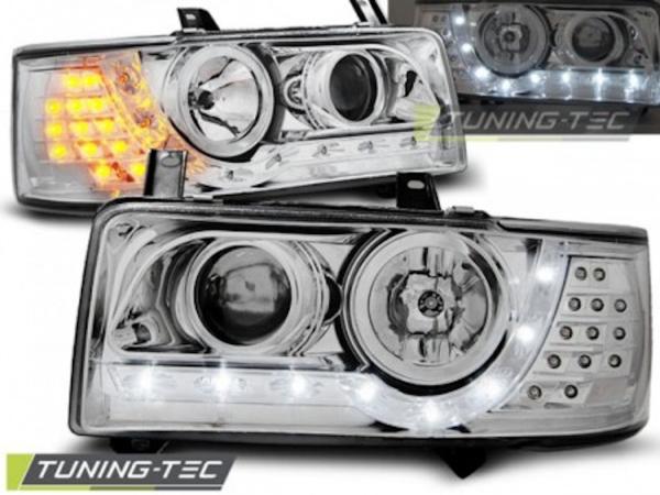LED Tagfahrlicht Design Scheinwerfer passend für VW T4 90-03  chrom mit LED Blinker