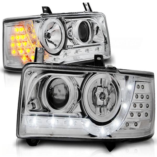 LED Tagfahrlicht Design Scheinwerfer passend für VW T4 90-03  chrom mit LED Blinker