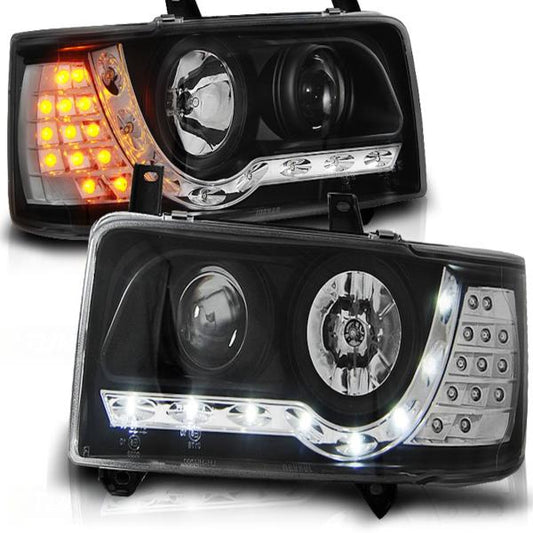 Scheinwerfer LED Tagfahrlicht Optik passend für VW T4 Bus Bj. 90-03 Schwarz LED Blinker