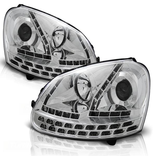 Scheinwerfer LED Tagfahrlicht Optik passend für VW Golf 5 Jetta 5 Bj. 03-10 Chrom mit LED Blinker