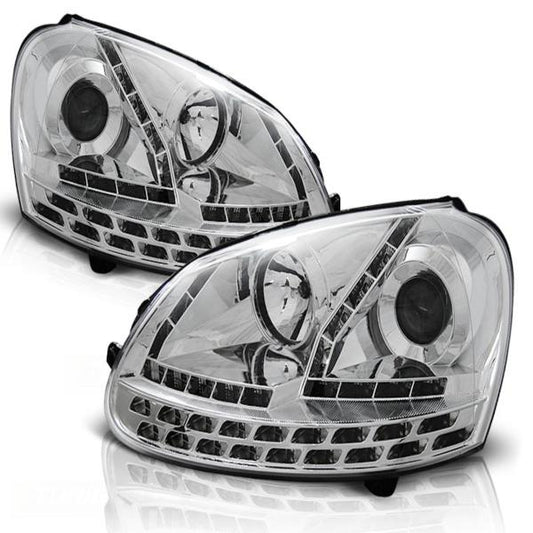 Scheinwerfer LED Tagfahrlicht Optik passend für VW Golf 5 Jetta 5 Bj. 03-10 Chrom mit LED Blinker