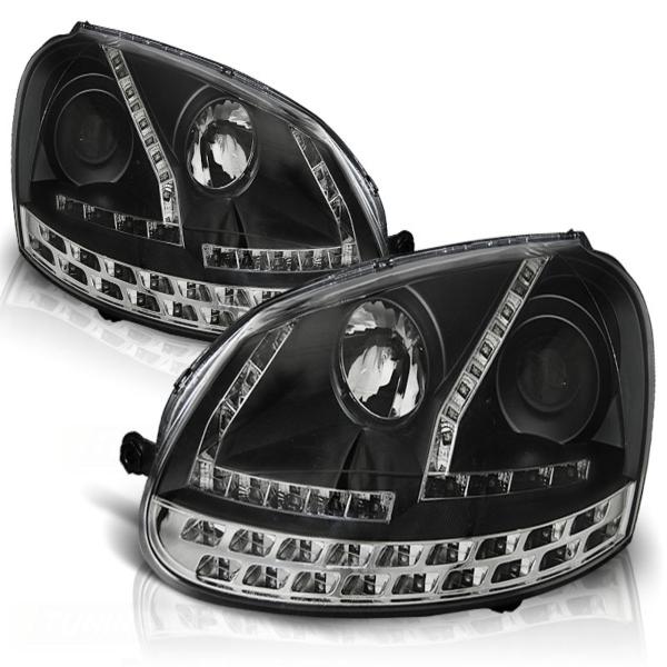 LED Tagfahrlicht Design Scheinwerfer passend für VW Golf 5 schwarz mit LED Blinker
