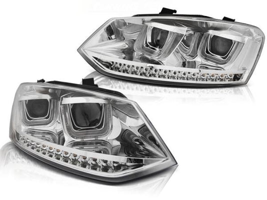 Scheinwerfer U-Tube LED Tagfahrlicht Optik passend für VW Polo 6R 6C Bj. 09-17 Chrom