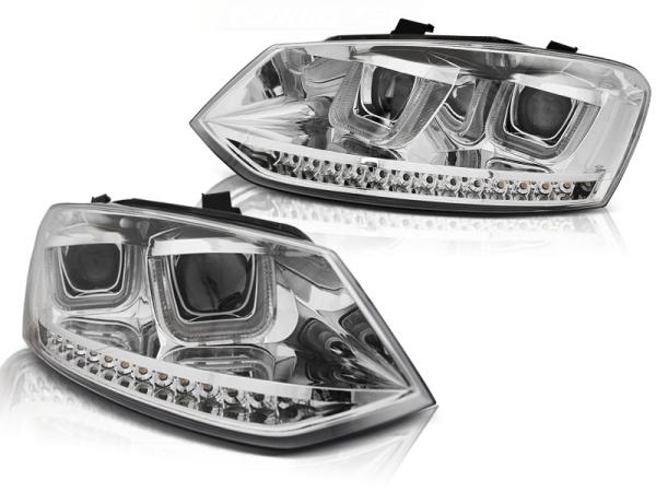 Scheinwerfer U-Tube Tagfahrlicht Optik passend für VW Polo 6R Chrom dynamischem Blinker