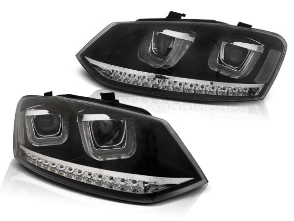 Scheinwerfer U-Tube Tagfahrlicht Optik passend für VW Polo 6R Black dynamischem Blinker