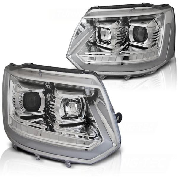 LED Tagfahrlicht Scheinwerfer passend für VW T5 GP 10-15 chrom mit dyn LED Blinker