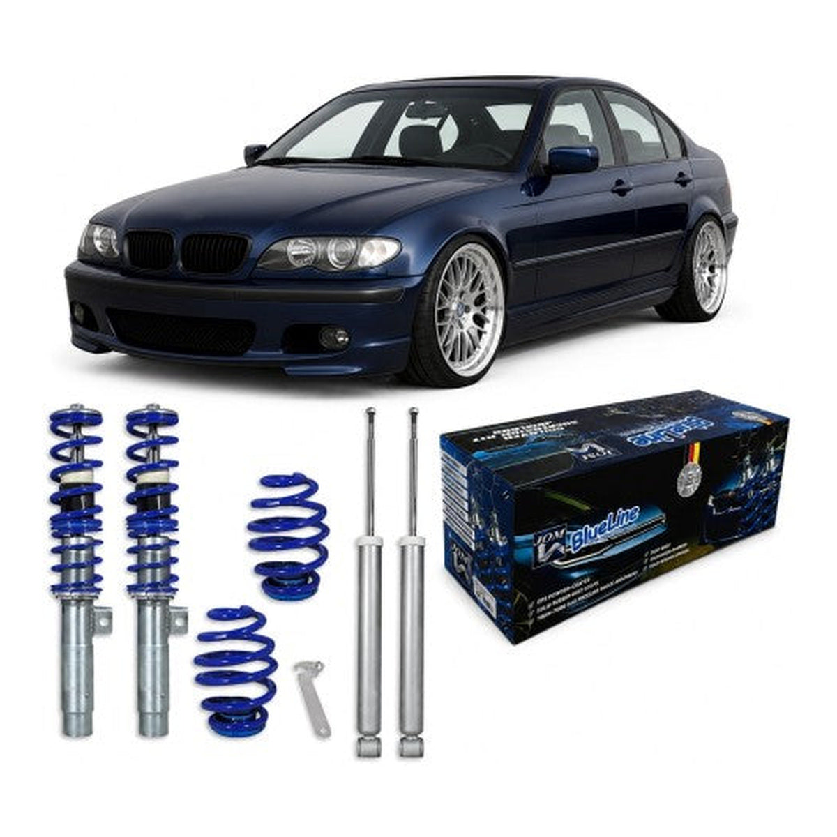 BlueLine Gewindefahrwerk Set VA/HA passend für BMW 3er E46 4 und 6 Zylinder, sowie Touring-Modelle Baujahr 1998-2005