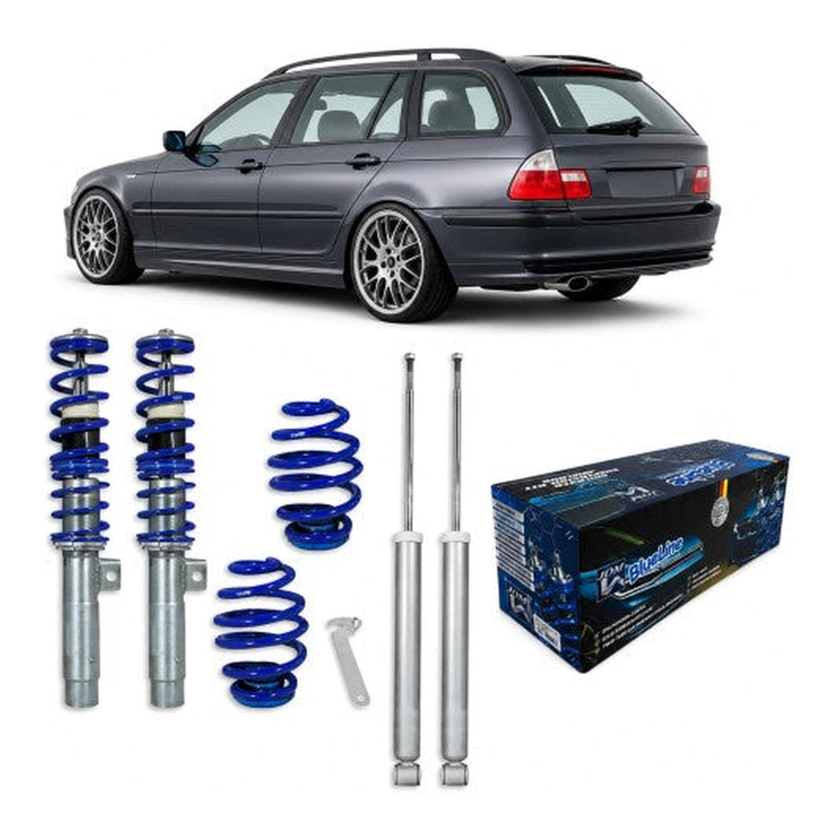 BlueLine Gewindefahrwerk Set VA/HA passend für BMW 3er E46 4 und 6 Zylinder, sowie Touring-Modelle Baujahr 1998-2005