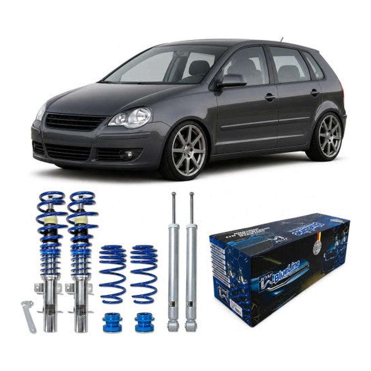 BlueLine Gewindefahrwerke passend für VW Polo 9N, 9N2, 9N3 und Fox 5Z 1.2, 1.4, 1.6, 1.8T, 1.4 TDi, 1.9SDi, 1.9TDi, Baujahr 04.2002-2009