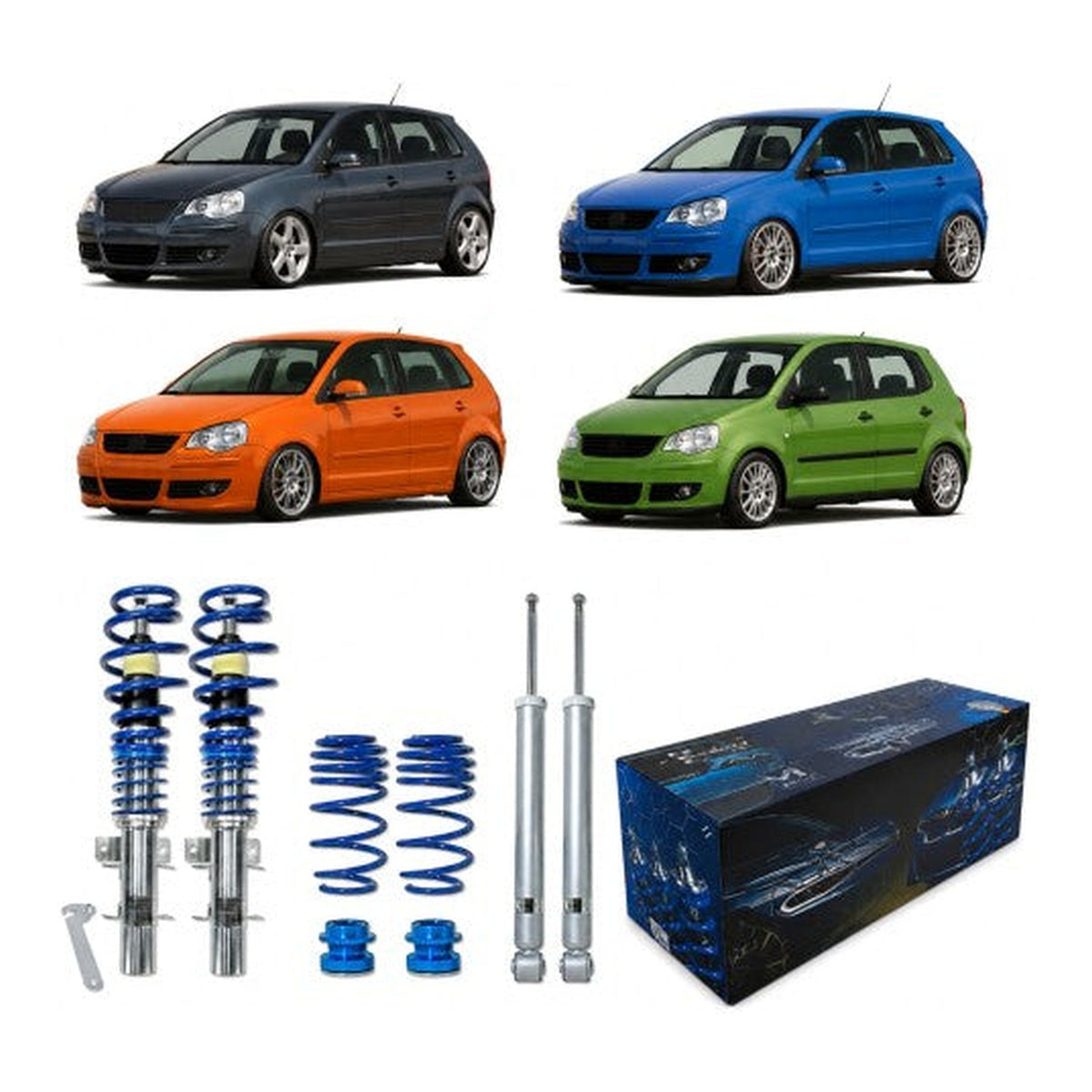 BlueLine Gewindefahrwerke passend für VW Polo 9N, 9N2, 9N3 und Fox 5Z 1.2, 1.4, 1.6, 1.8T, 1.4 TDi, 1.9SDi, 1.9TDi, Baujahr 04.2002-2009