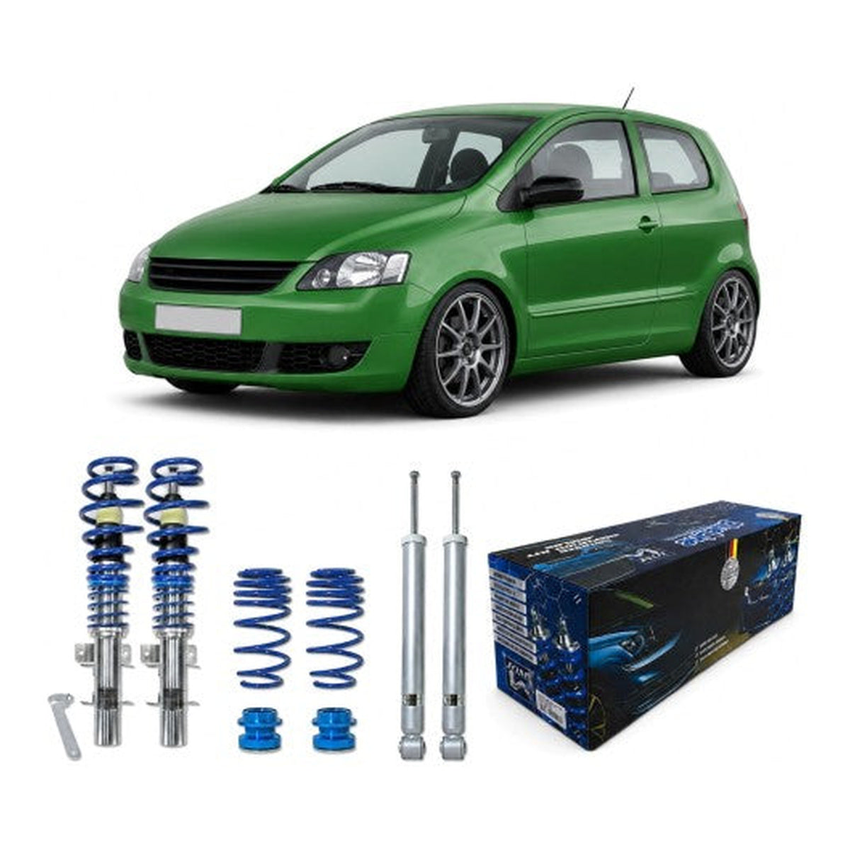 BlueLine Gewindefahrwerke passend für VW Polo 9N, 9N2, 9N3 und Fox 5Z 1.2, 1.4, 1.6, 1.8T, 1.4 TDi, 1.9SDi, 1.9TDi, Baujahr 04.2002-2009