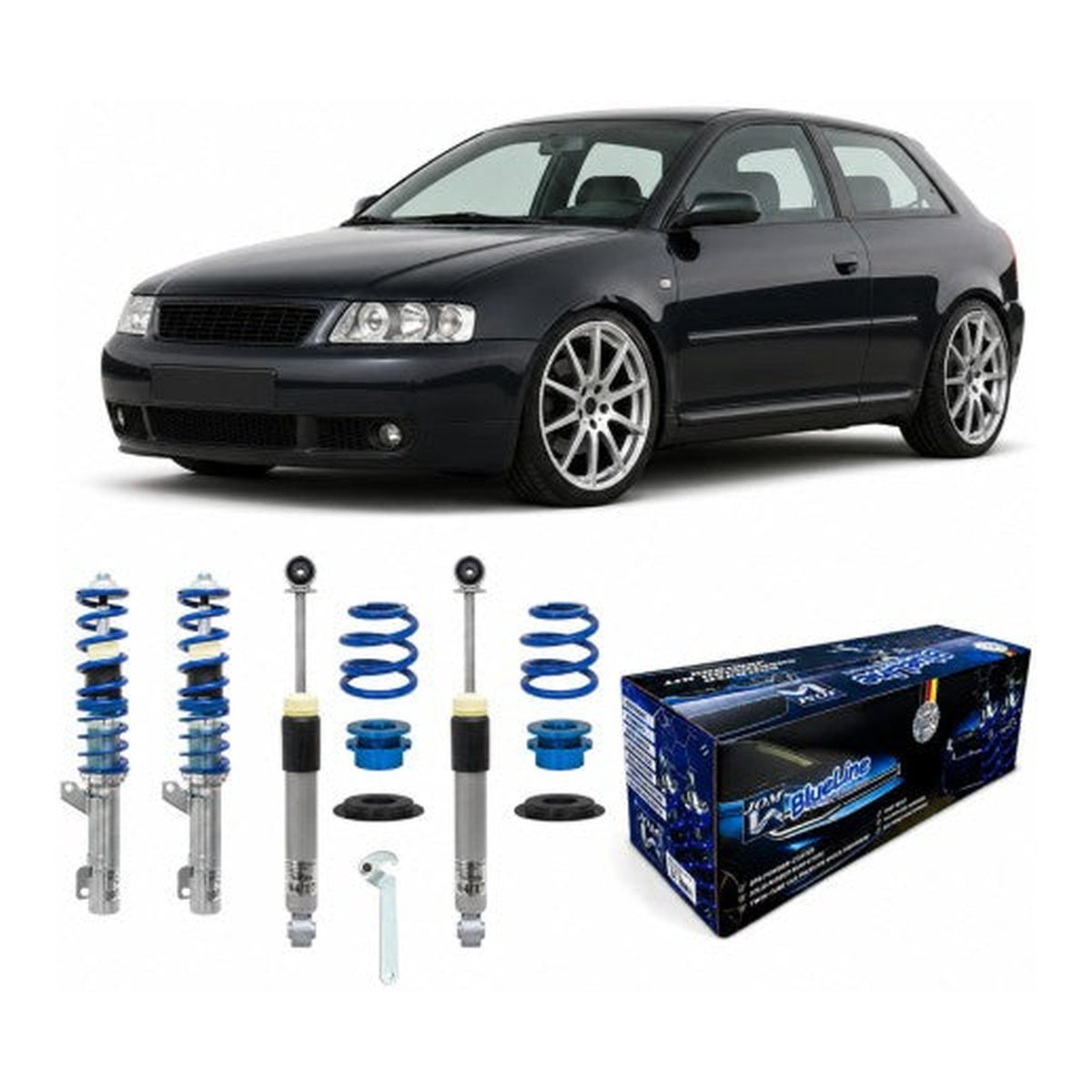 BlueLine Gewindefahrwerk passend für Audi A3 Quattro Typ 8L 1.8, 1.8T, 1.9TDi, 3.2 V6, Baujahr 1996-2002