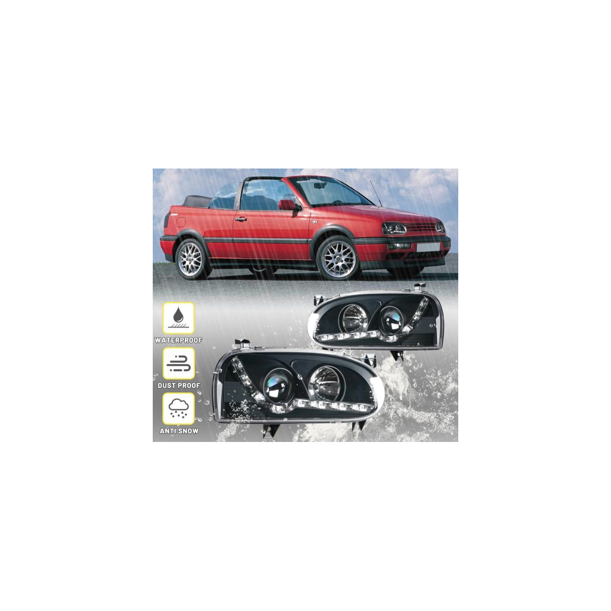 Phares optique feux de jour LED compatibles avec VW Golf 3 noir berline break