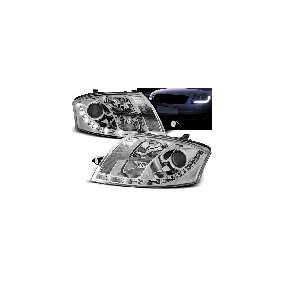 Phares design à feux diurnes LED compatibles avec Audi TT 8N 99-06 chrome