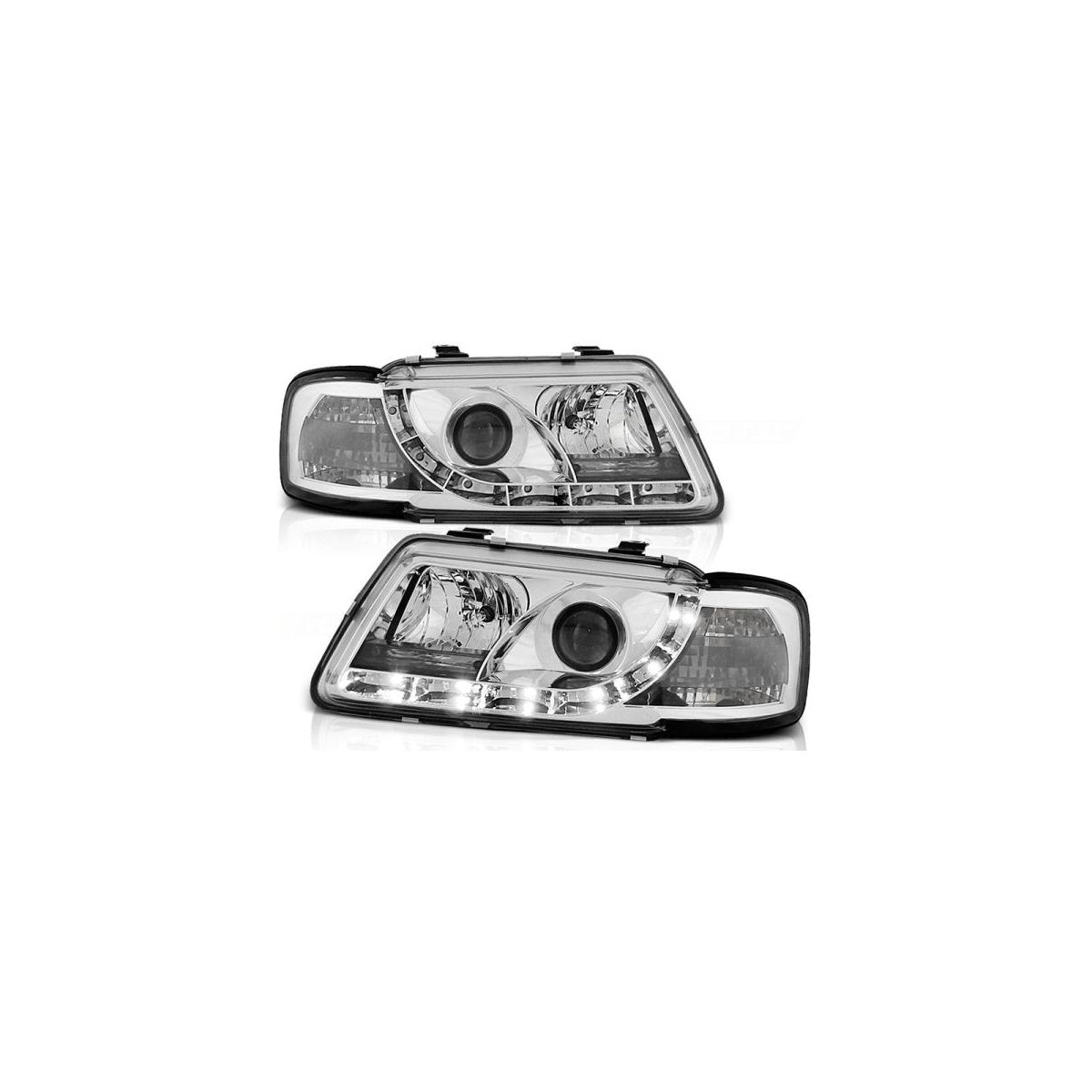 Phares design à feux diurnes LED compatibles avec Audi A3 8L 96-00 chrome