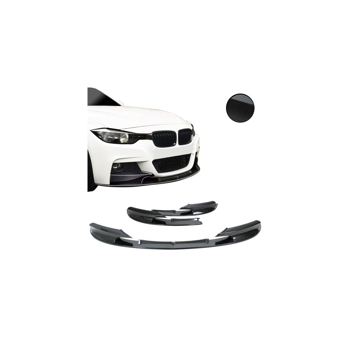 Spoiler avant, lame de spoiler avant, flap avant, splitter, aspect carbone, 2 pièces + ABE + compatible avec BMW F30, F31, 10/2011-2019 (convient uniquement au pack M)