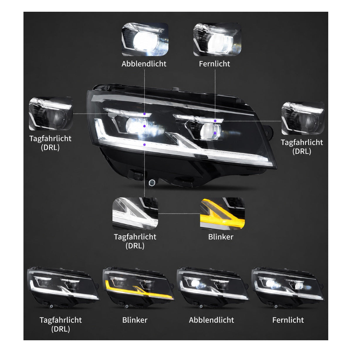 Phares Full LED compatibles VW T6.1 (2019–2024), noir