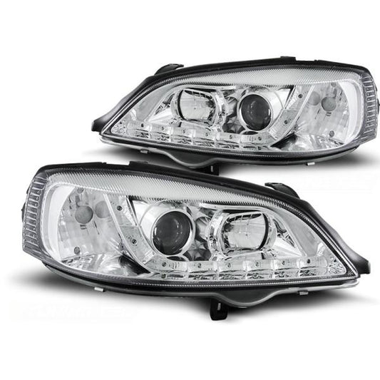 LED Tagfahrlicht Design Scheinwerfer passend für Opel Astra G 98-04 chrom